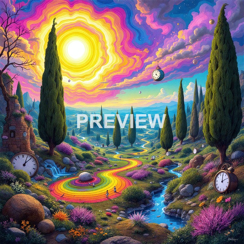 A surreal landscape featuring a vibrant rainbow-colored path winding through lush greenery and tall cypress trees, with multiple floating clocks and a bright, swirling sky with a large sun and colorful clouds.